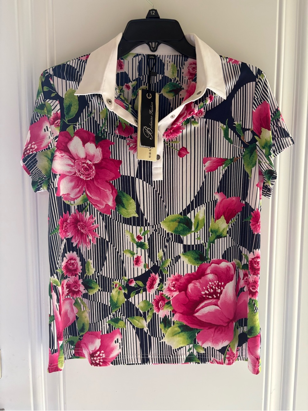 Boliniao Polo Club Navy Stripe Polo with Pink Floral Print in Size Medium